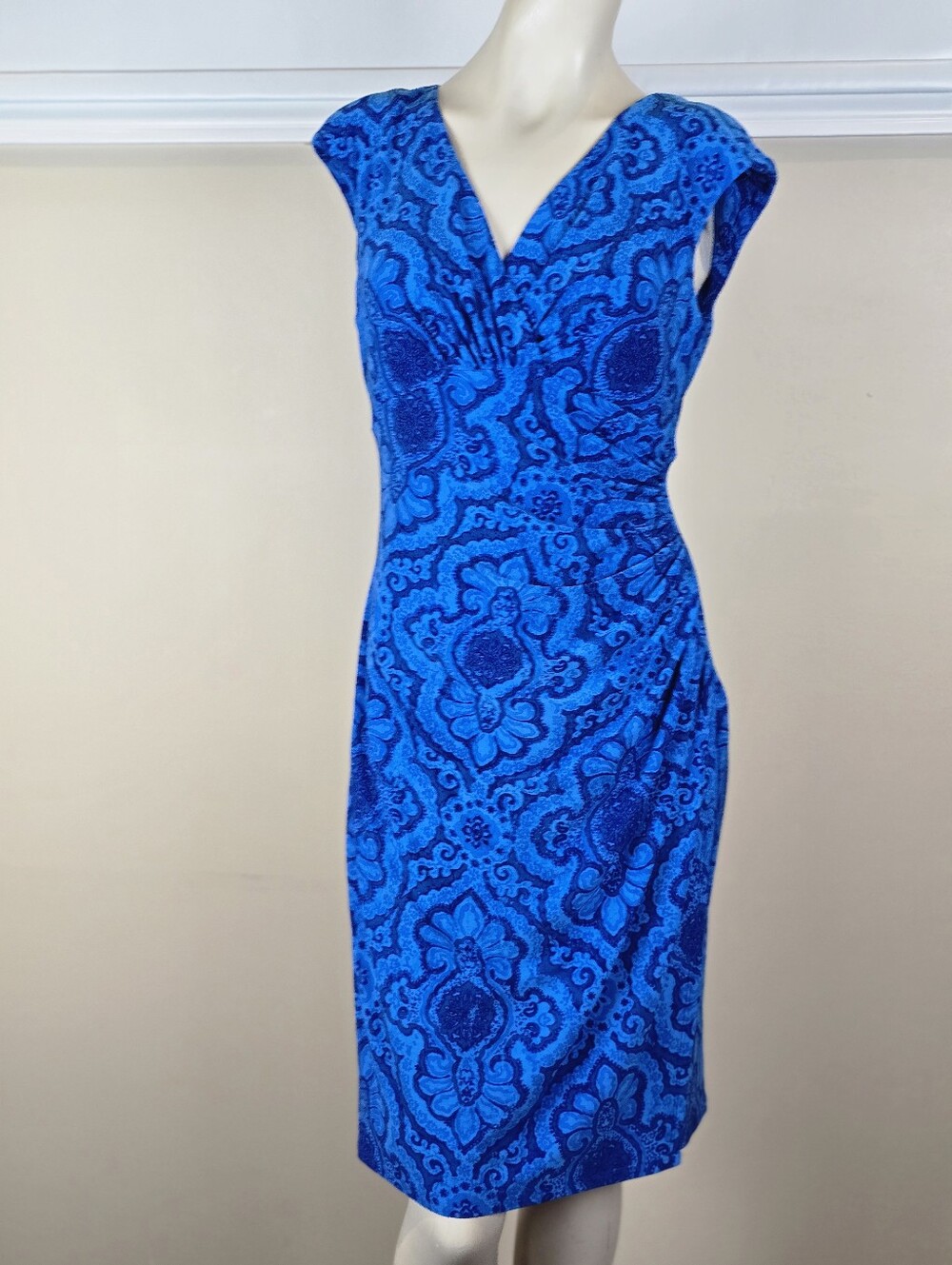Lauren Ralph Lauren Ruched Faux Wrap Dress Blue Paisley Batik